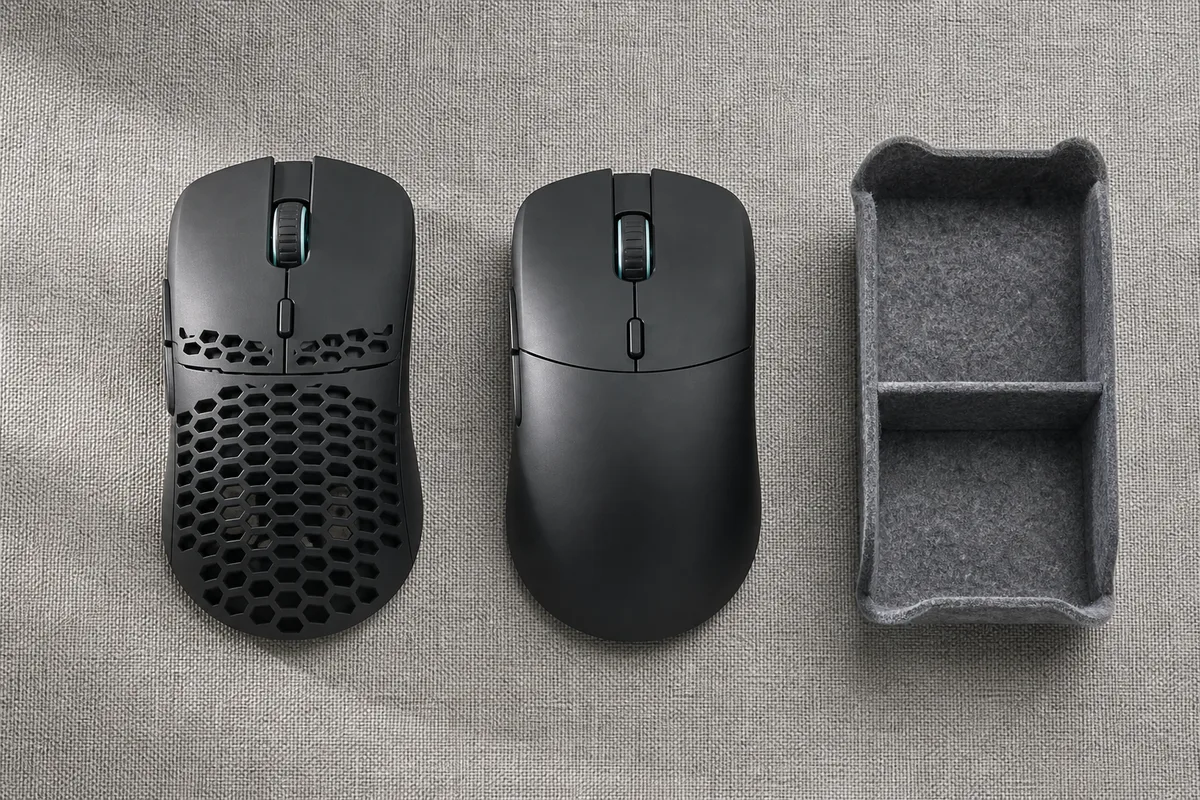 Souris gaming ultralégère posée sur un tapis de bureau, lumière naturelle rasante