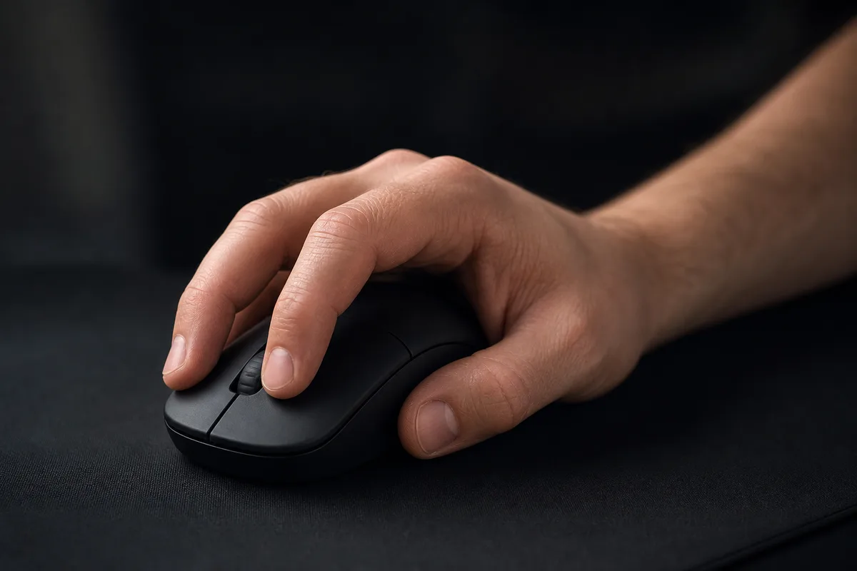 Main d’un joueur en prise griffe sur une souris, vue de trois quarts arrière, éclairage doux