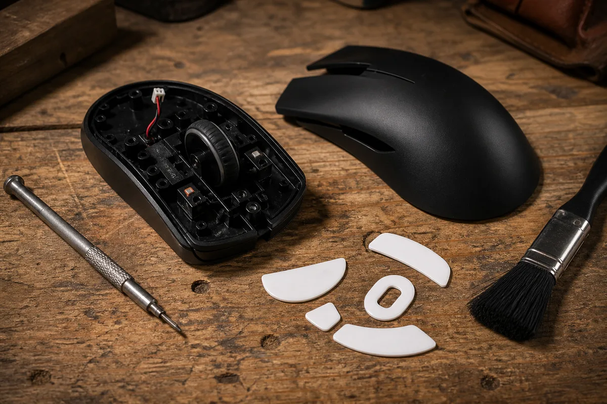 Souris gaming démontée sur un plan de travail, patins et coque séparés, lumière d’atelier