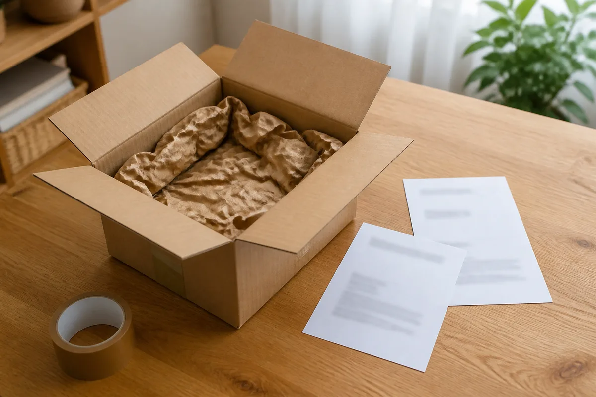 Colis ouvert avec facture et bon de retour posés sur une table en bois