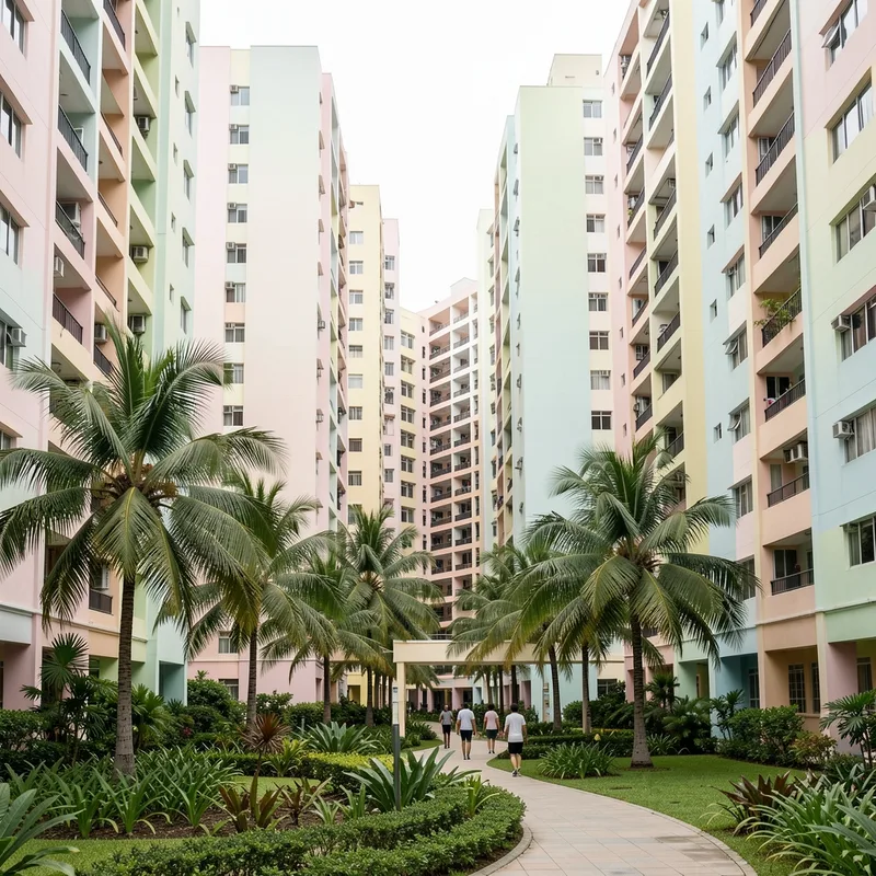 Quartier résidentiel dense de Singapour avec tours de logements publics et passerelles piétonnes