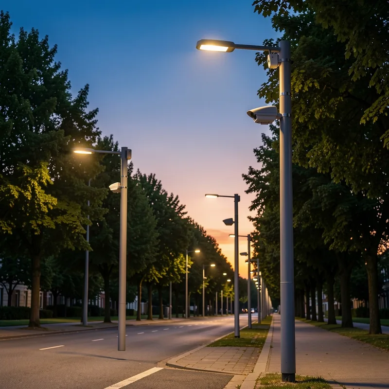Rangée de lampadaires urbains équipés de capteurs et de caméras au crépuscule